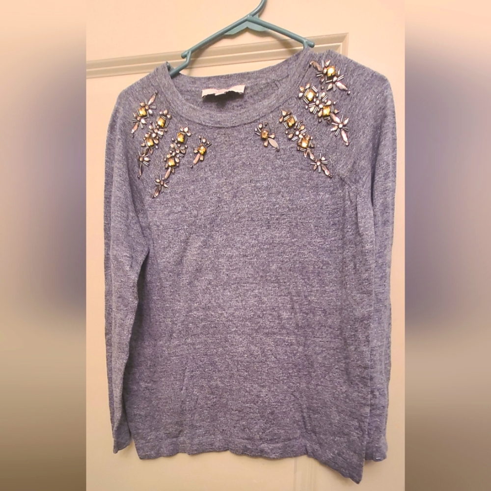 LOFT Womens Gray Bejeweled Sweater Large Petite